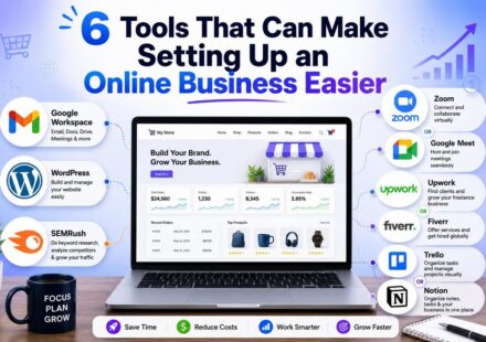 Infographic showing 6 tools that make setting up an online business easier, including Google Workspace, WordPress, SEMrush, Zoom or Google Meet, Upwork or Fiverr, and Trello or Notion