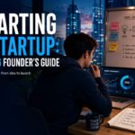 Founder sitting at a desk at night reviewing a market opportunity dashboard on a laptop, with a whiteboard behind him outlining an idea-to-impact roadmap and a notebook listing a startup plan checklist
