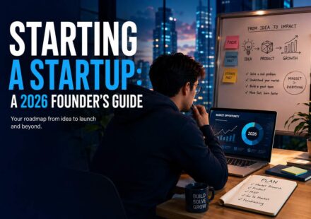 Founder sitting at a desk at night reviewing a market opportunity dashboard on a laptop, with a whiteboard behind him outlining an idea-to-impact roadmap and a notebook listing a startup plan checklist