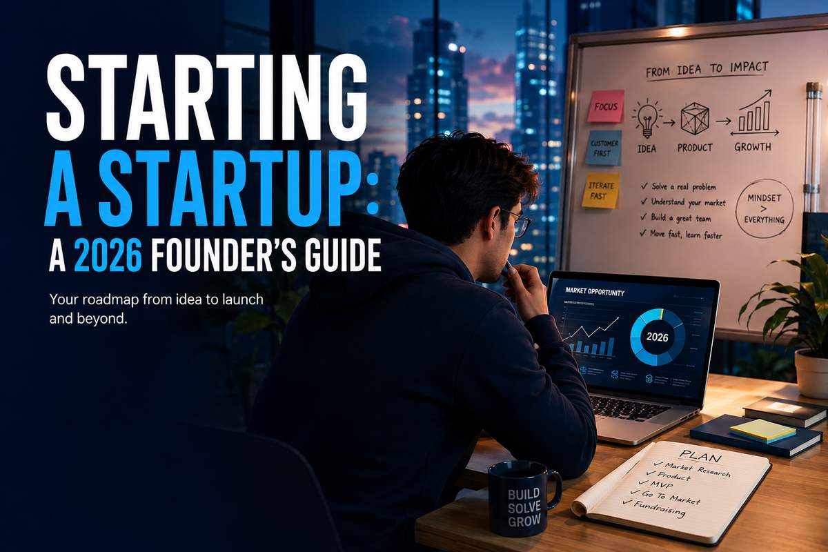 Founder sitting at a desk at night reviewing a market opportunity dashboard on a laptop, with a whiteboard behind him outlining an idea-to-impact roadmap and a notebook listing a startup plan checklist