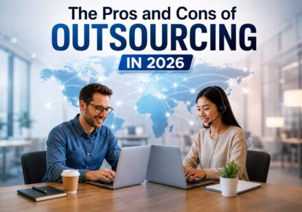 Two coworkers, a man and a headset-wearing woman, working on laptops at a desk with a world map graphic showing global connection lines, illustrating international outsourcing