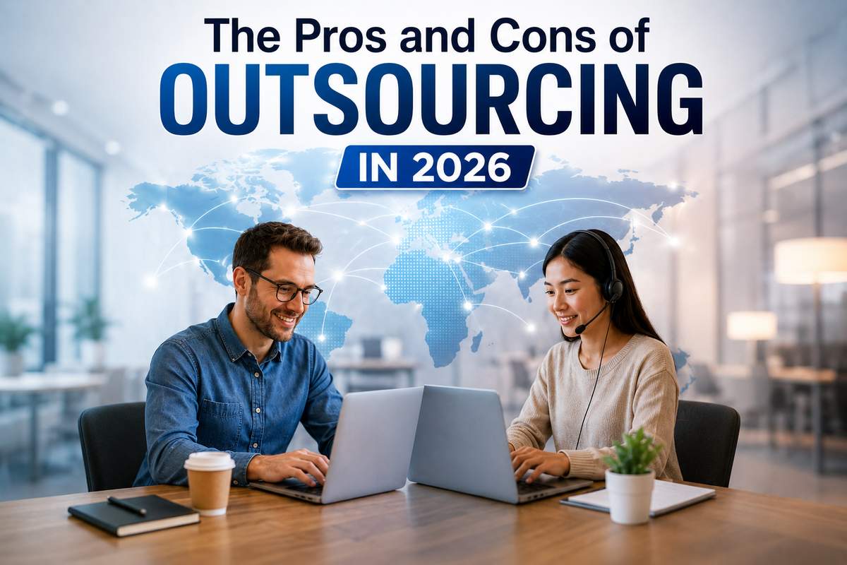 Two coworkers, a man and a headset-wearing woman, working on laptops at a desk with a world map graphic showing global connection lines, illustrating international outsourcing