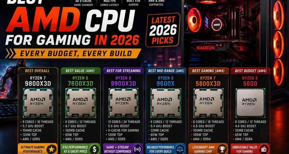 Best AMD CPU for gaming in 2026 showing Ryzen 7 9800X3D, 7600X3D, 9900X3D, 9600X, 5800X3D and 5600 for every budget and build