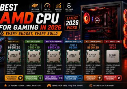 Best AMD CPU for gaming in 2026 showing Ryzen 7 9800X3D, 7600X3D, 9900X3D, 9600X, 5800X3D and 5600 for every budget and build