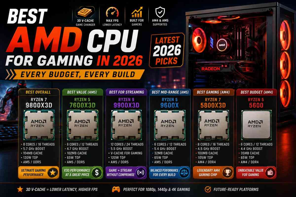 Best AMD CPU for gaming in 2026 showing Ryzen 7 9800X3D, 7600X3D, 9900X3D, 9600X, 5800X3D and 5600 for every budget and build