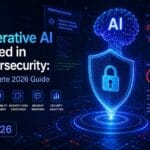 How generative AI is used in cybersecurity: digital shield with padlock, AI neural network brain, and threat detection dashboard, 2026 guide