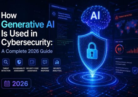 How generative AI is used in cybersecurity: digital shield with padlock, AI neural network brain, and threat detection dashboard, 2026 guide