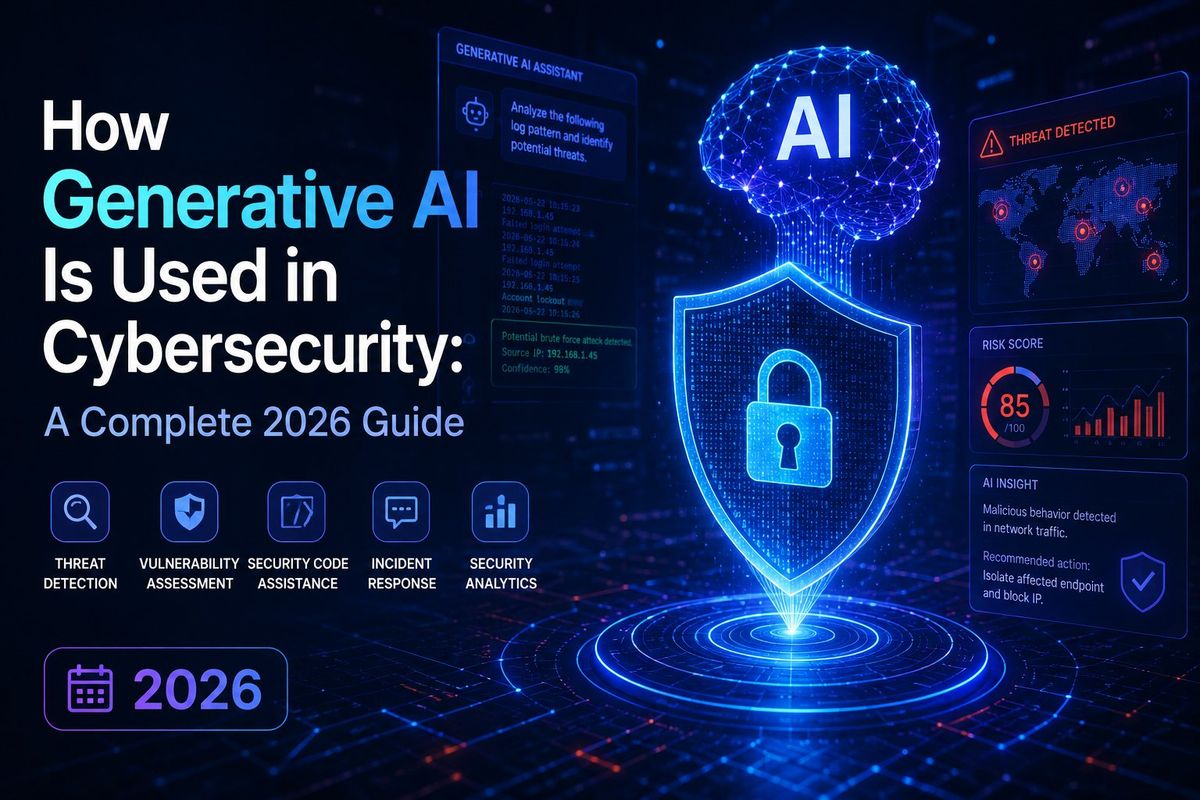 How generative AI is used in cybersecurity: digital shield with padlock, AI neural network brain, and threat detection dashboard, 2026 guide