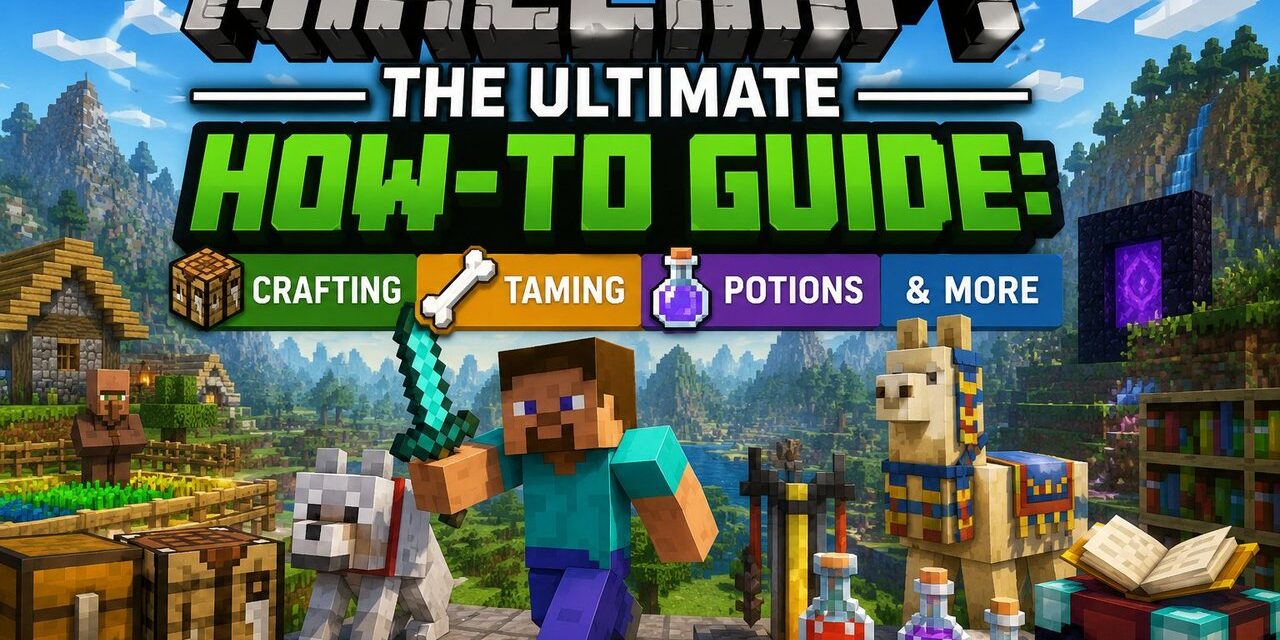 Minecraft how-to guide covering crafting, taming, potions and more