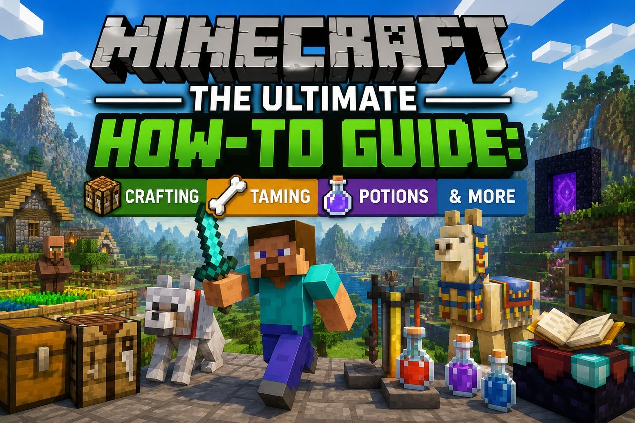 Minecraft how-to guide covering crafting, taming, potions and more