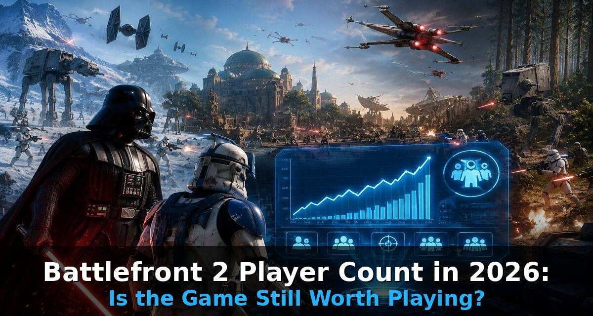 Battlefront 2 Player Count in 2026 showing Darth Vader and Clone Trooper with player count graph