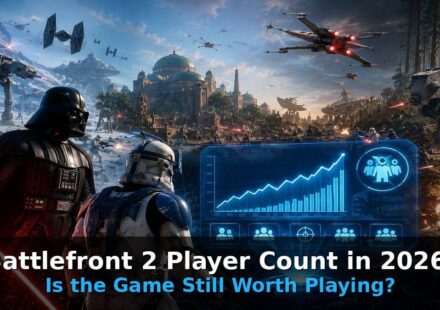 Battlefront 2 Player Count in 2026 showing Darth Vader and Clone Trooper with player count graph