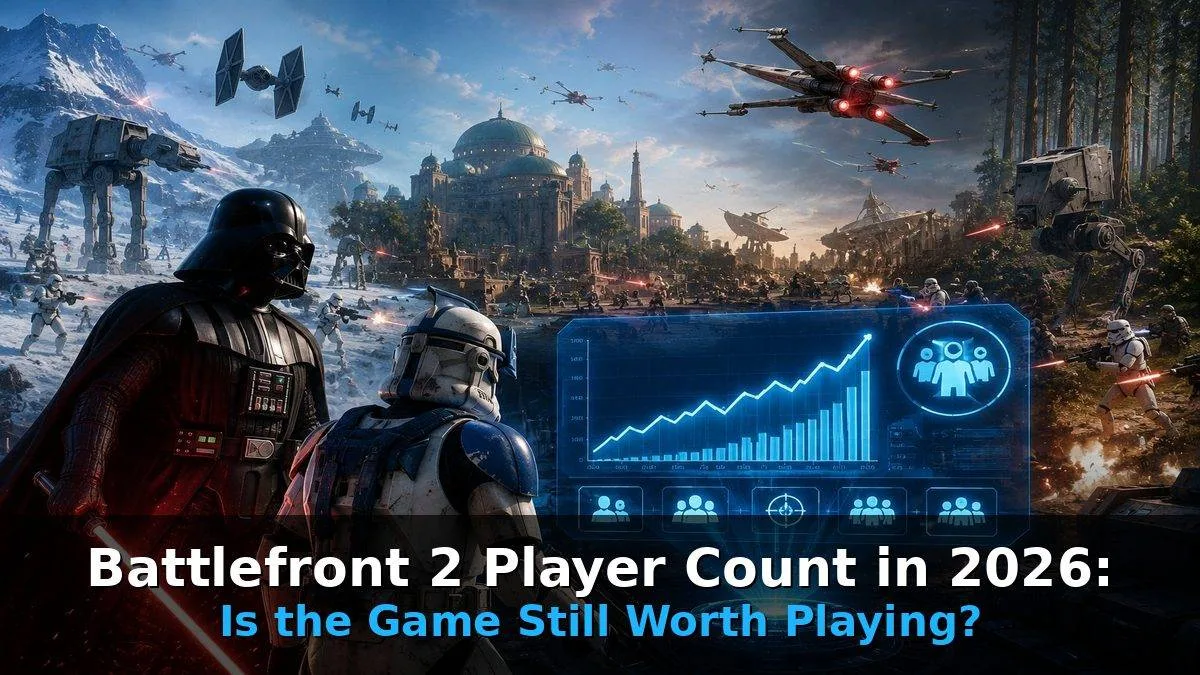 Battlefront 2 Player Count in 2026 showing Darth Vader and Clone Trooper with player count graph