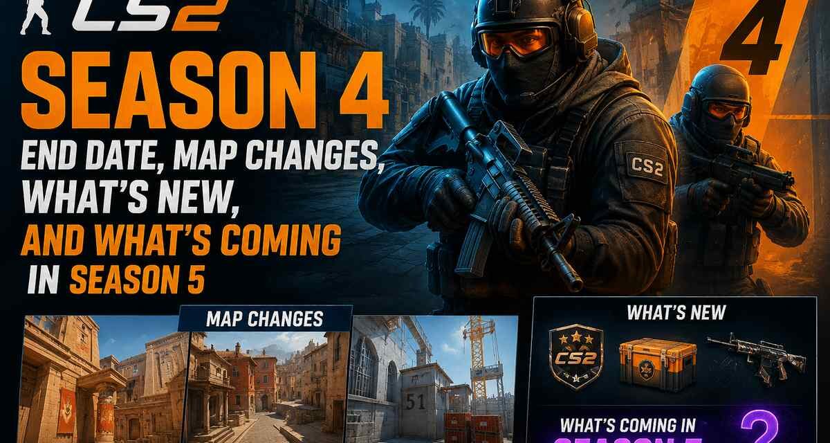 CS2 Season 4 featured image showing two armed CS2 operators, season end date and map changes for Anubis, Inferno, and Vertigo, and a preview of what's new and coming in Season 5