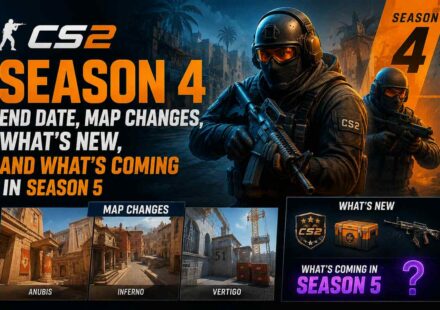 CS2 Season 4 featured image showing two armed CS2 operators, season end date and map changes for Anubis, Inferno, and Vertigo, and a preview of what's new and coming in Season 5