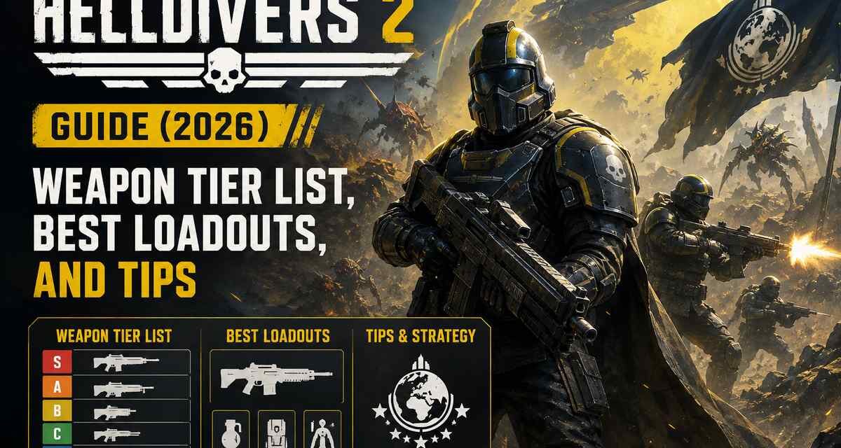 Helldivers 2 Guide 2026 featuring weapon tier list, best loadouts, and tips with a Helldiver soldier in black and yellow armor on a battle-torn planet