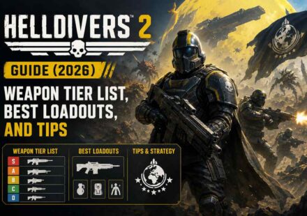 Helldivers 2 Guide 2026 featuring weapon tier list, best loadouts, and tips with a Helldiver soldier in black and yellow armor on a battle-torn planet