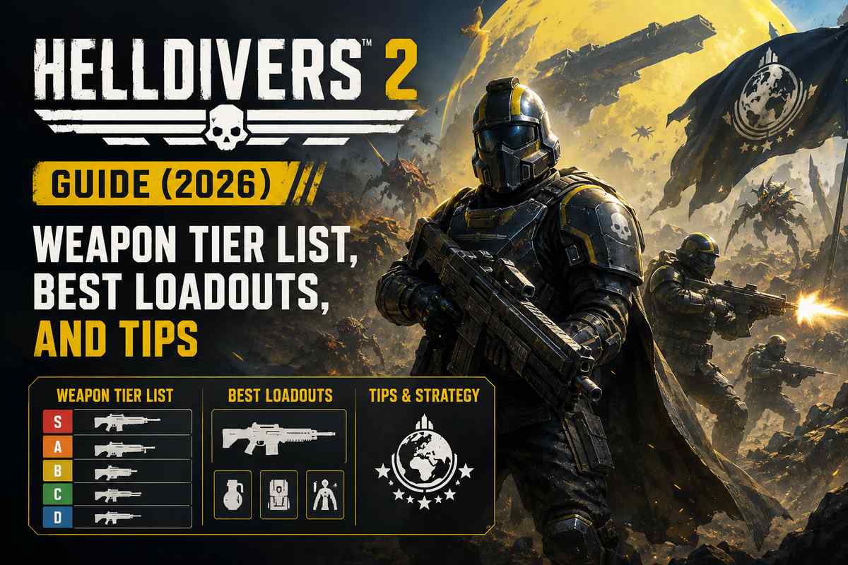 Helldivers 2 Guide 2026 featuring weapon tier list, best loadouts, and tips with a Helldiver soldier in black and yellow armor on a battle-torn planet