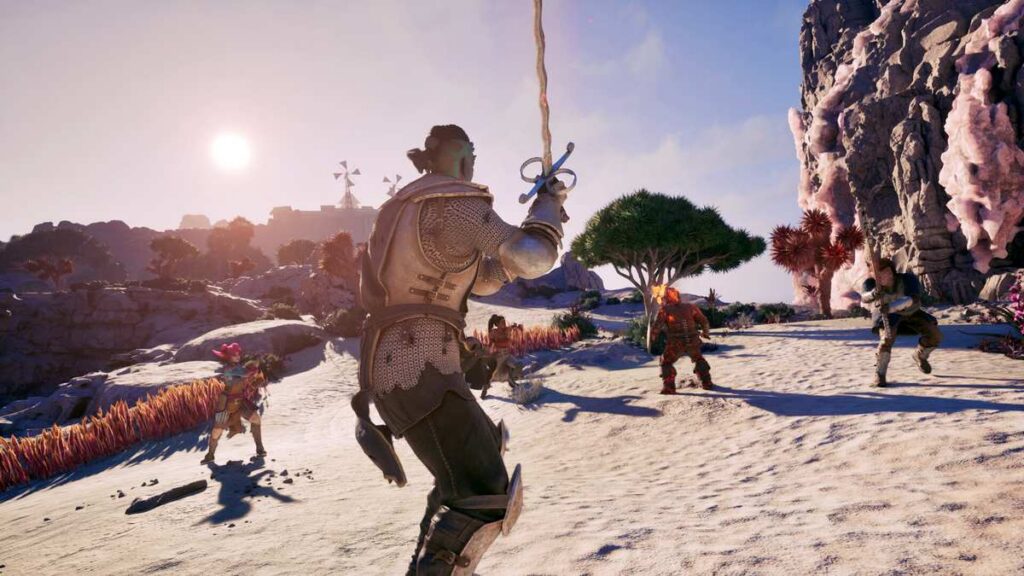 The player character standing before a group of Living Lands companions in an interior cabin scene