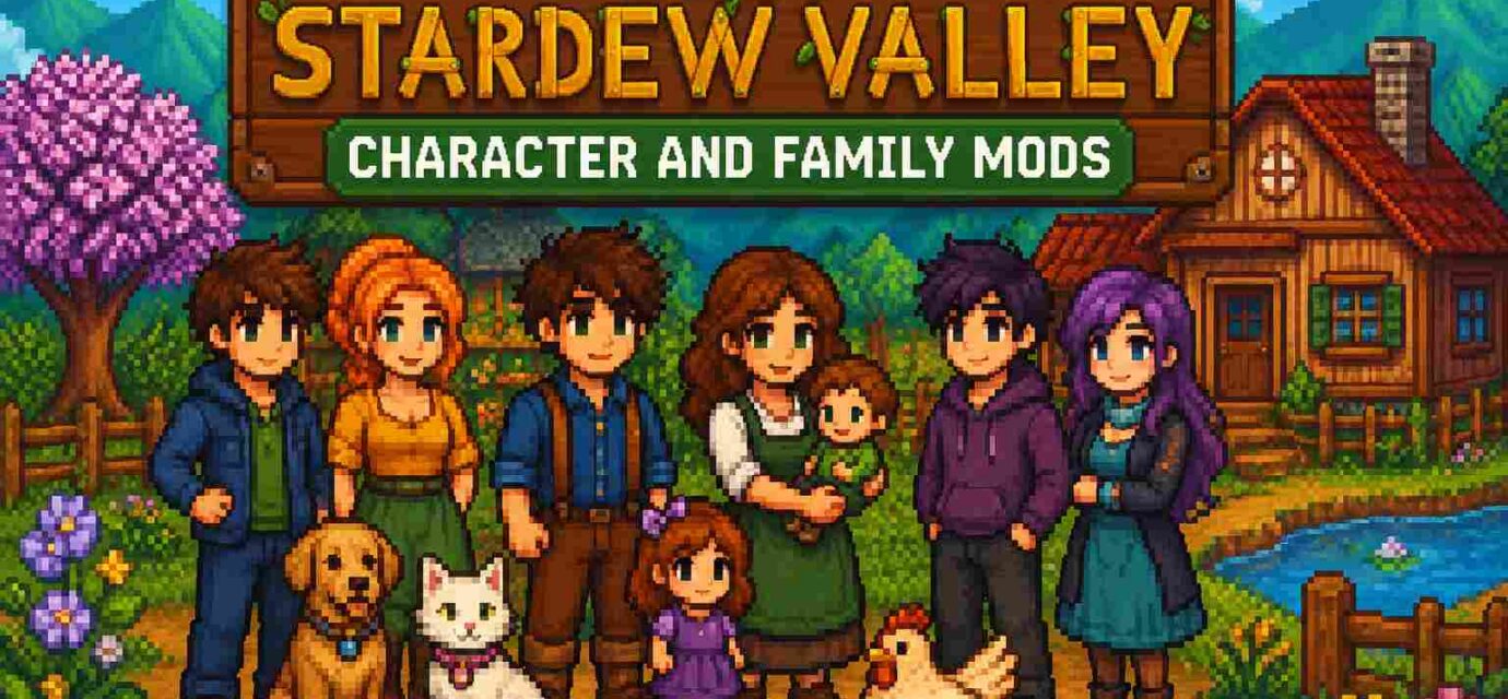 Best Stardew Valley Character and Family Mods featured image showing pixel-art villagers, families, children, pets, and a cozy farmhouse in a colorful farm setting.