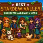 Best Stardew Valley Character and Family Mods featured image showing pixel-art villagers, families, children, pets, and a cozy farmhouse in a colorful farm setting.
