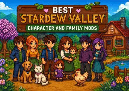 Best Stardew Valley Character and Family Mods featured image showing pixel-art villagers, families, children, pets, and a cozy farmhouse in a colorful farm setting.