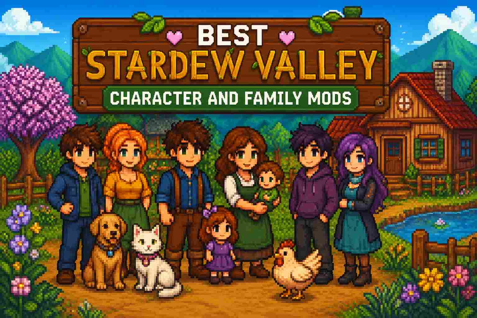 Best Stardew Valley Character and Family Mods featured image showing pixel-art villagers, families, children, pets, and a cozy farmhouse in a colorful farm setting.