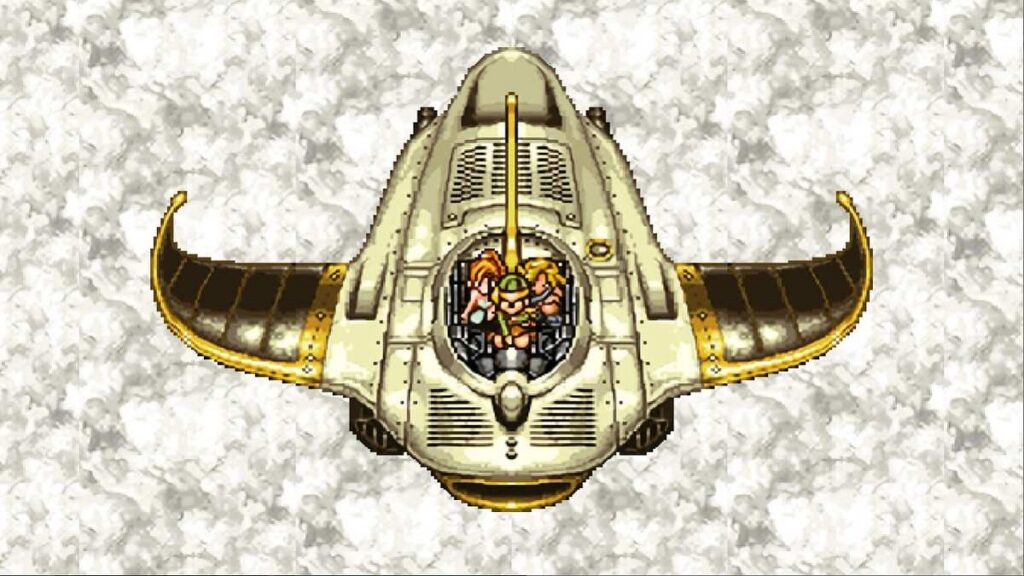The Epoch time-traveling airship with the party visible in the cockpit