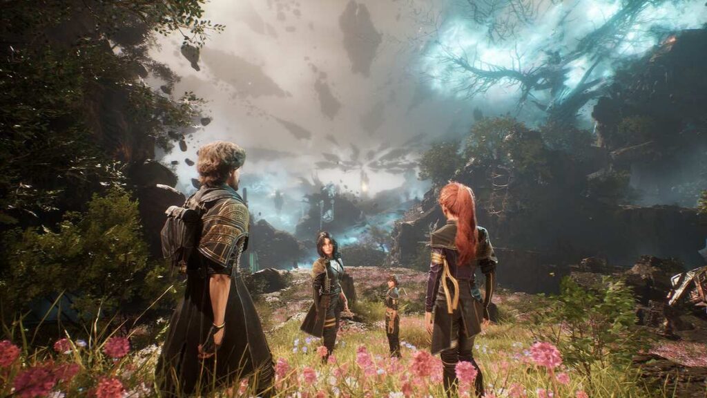 	Party of Expedition members walking through a mystical flower field toward a glowing floating landmass