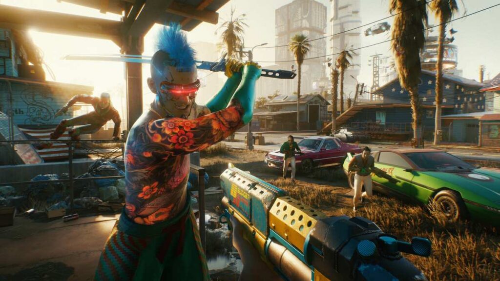 First-person combat scene with a tattooed enemy wielding a blade against Night City's suburban backdrop