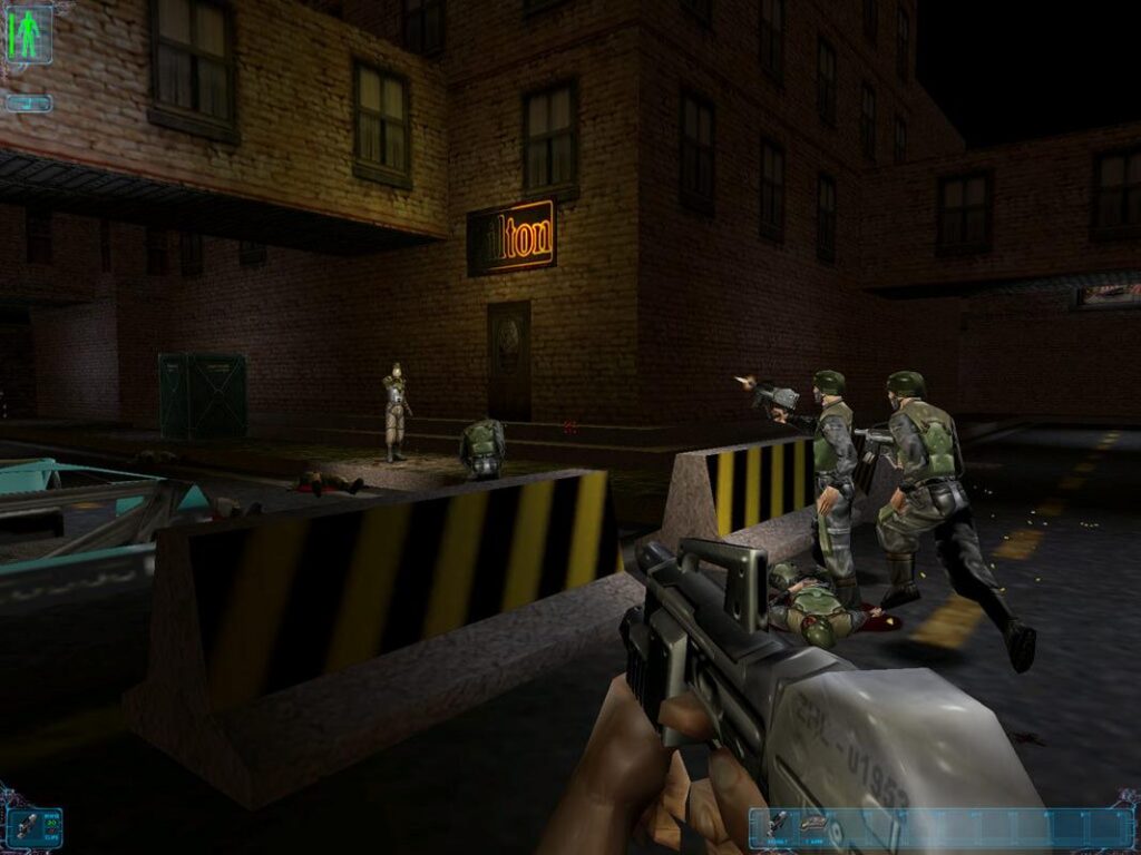 First-person combat scene with JC Denton aiming a weapon at soldiers behind barricades
