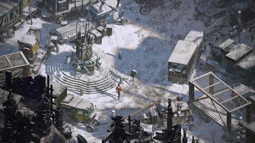 Isometric view of a junkyard shrine in falling snow, two characters approaching a strange monument