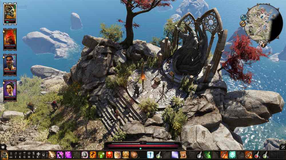 Party of four exploring a coastal ritual site with a statue and floating rock formations