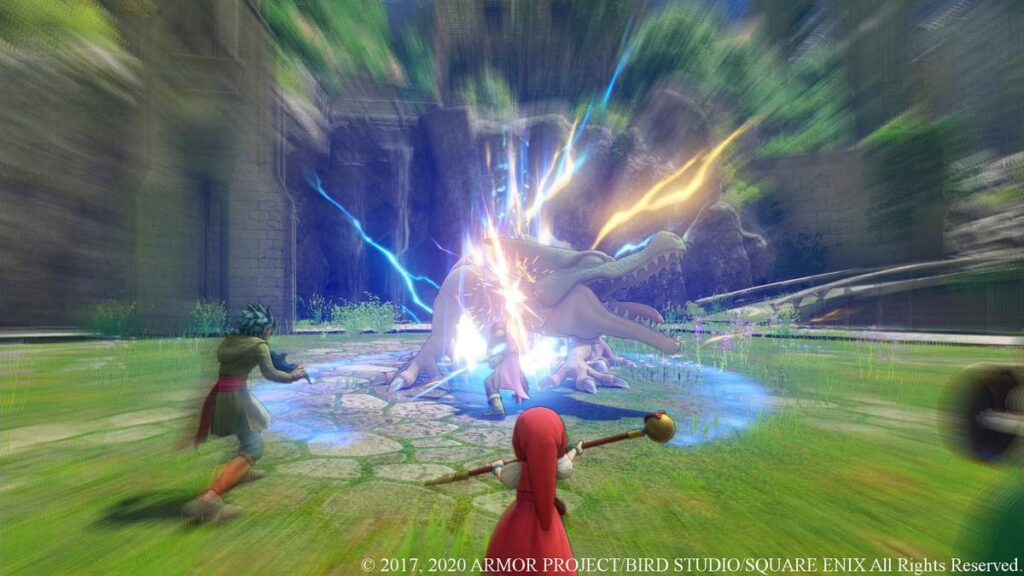 The party battling a lightning-charged dragon boss in a stone courtyard