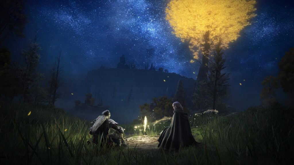Two cloaked figures sitting beside a campfire under a starry sky with a glowing golden tree