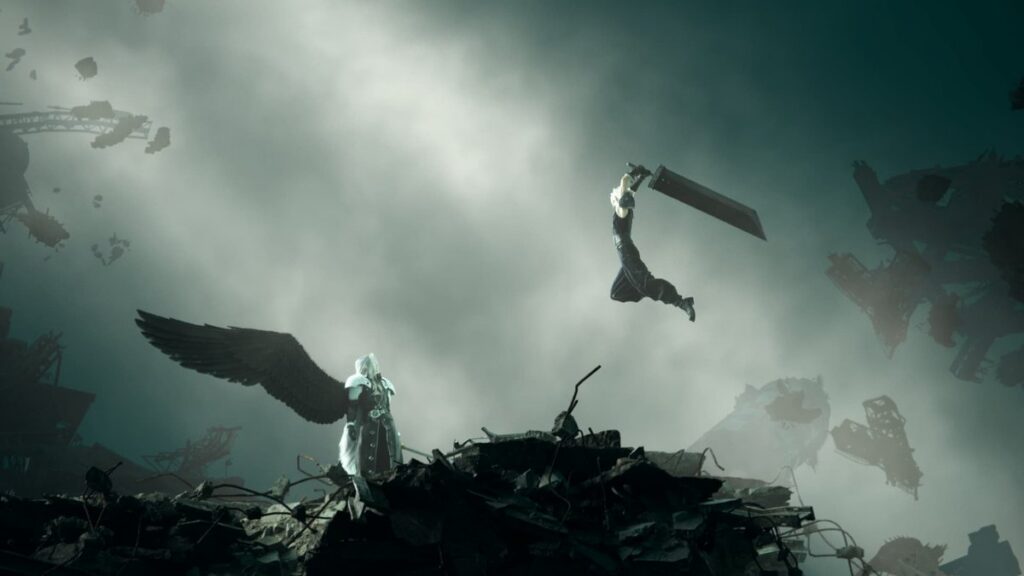 Cloud leaping toward Sephiroth in a dramatic aerial confrontation above ruins