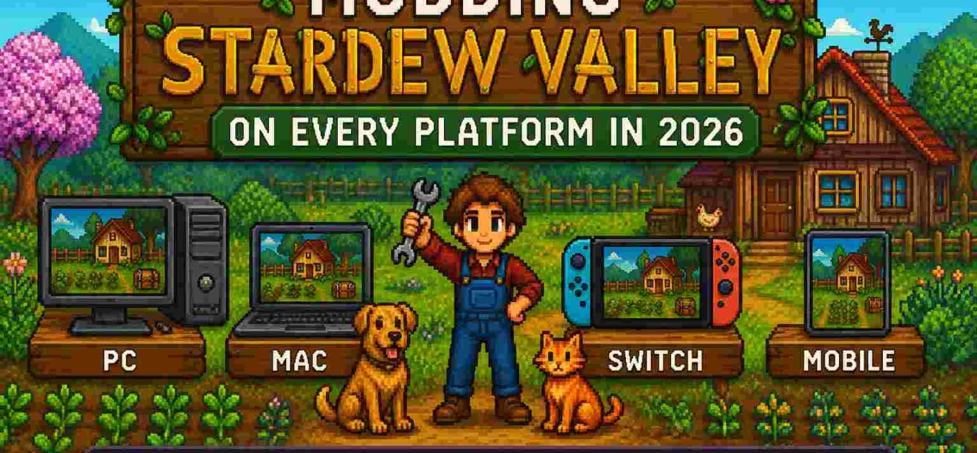 Pixel-art featured image for Modding Stardew Valley on Every Platform in 2026, showing a farmer, farm animals, and PC, Mac, Nintendo Switch, and mobile devices in a cozy farm setting.