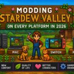 Pixel-art featured image for Modding Stardew Valley on Every Platform in 2026, showing a farmer, farm animals, and PC, Mac, Nintendo Switch, and mobile devices in a cozy farm setting.