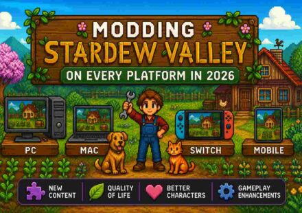 Pixel-art featured image for Modding Stardew Valley on Every Platform in 2026, showing a farmer, farm animals, and PC, Mac, Nintendo Switch, and mobile devices in a cozy farm setting.