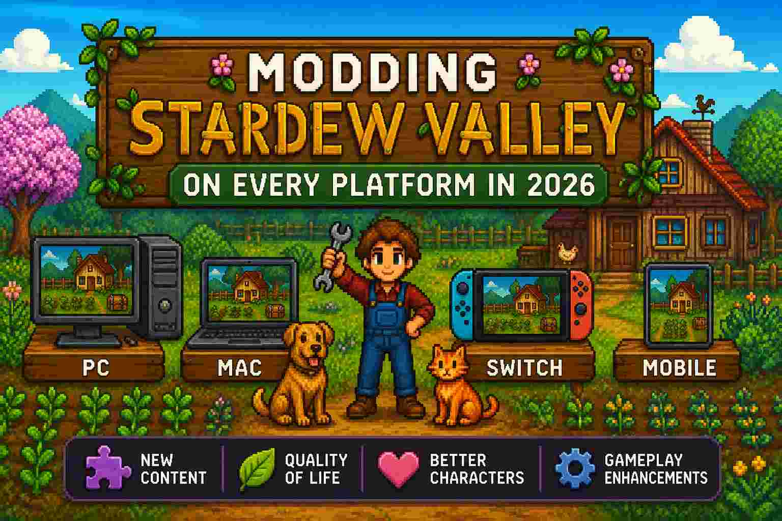 Pixel-art featured image for Modding Stardew Valley on Every Platform in 2026, showing a farmer, farm animals, and PC, Mac, Nintendo Switch, and mobile devices in a cozy farm setting.