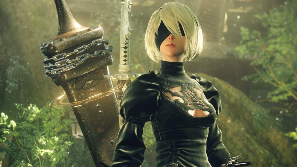 Close-up portrait of android 2B holding her blade in a lush forest clearing