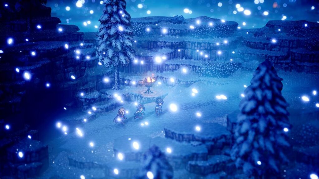 Three characters walking through a snowy nighttime landscape near a campfire
