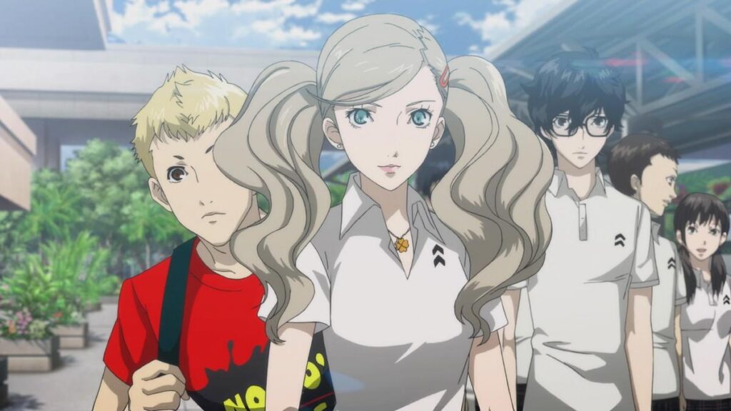 The Phantom Thieves walking together through a sunlit courtyard
