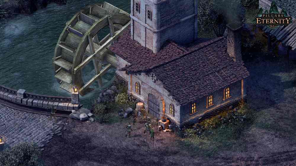	An isometric view of a watermill and cottage beside a river