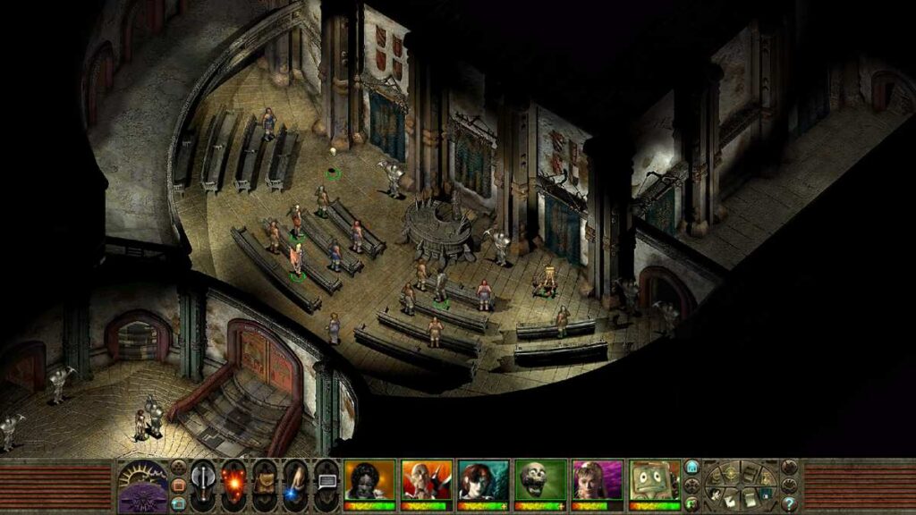 Party exploring a gothic cathedral interior filled with pews and statues