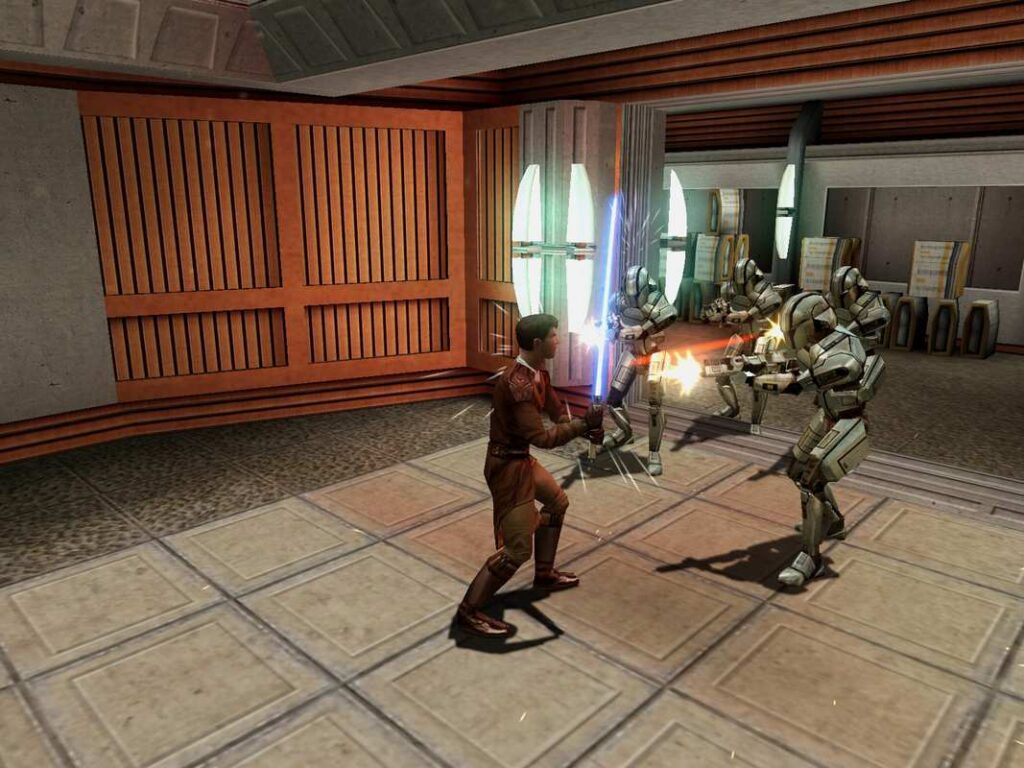 A Jedi clashing lightsabers with a squad of droid soldiers