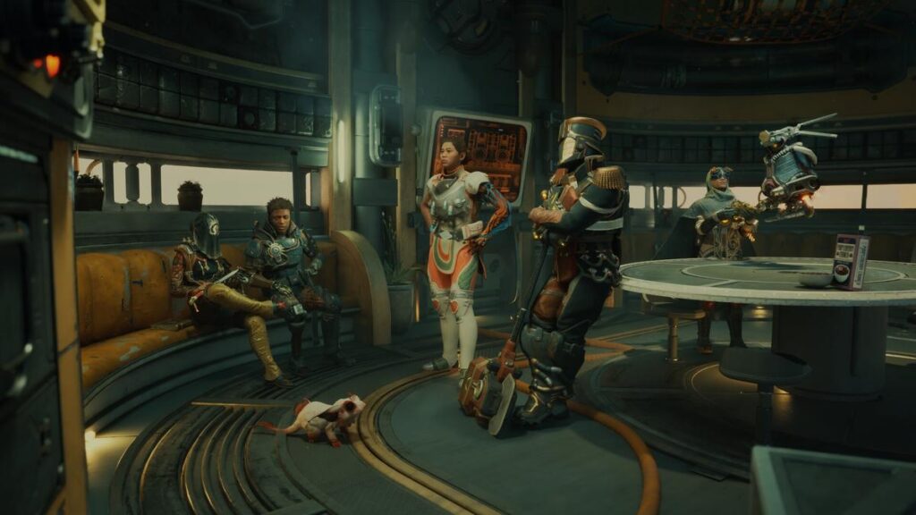 The player character and companions gathered around a table aboard a spacecraft