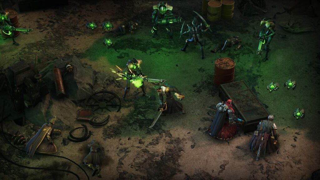 Isometric combat scene with Imperial forces battling Necron warriors in a toxic wasteland