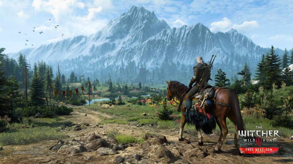 Geralt on horseback overlooking a mountain valley with a fluttering banner-lined trail