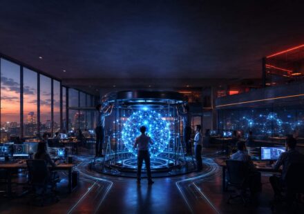 Engineers installing a glowing AI neural network core in a corporate office at dusk, representing enterprise AI implementation by companies like Anthropic and Microsoft